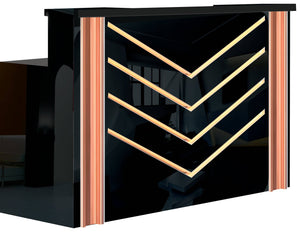 Chevron Reception Desk - Black or White - Rose Gold Accents Piano Gloss Black Gold Accent SalonSpaStore.com