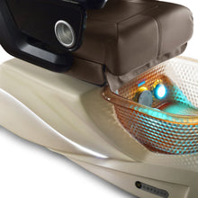 Closeup photo of the Empress RXO with Chocolate Upholstery and Bone Base with Gold Bowl