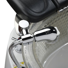 Close-up of a shower head and hose on a white background