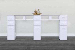 KM Double Manicure Table - 4 UV Gel Dryer Slots - Dark Walnut or White White w White Granite SalonSpaStore.com